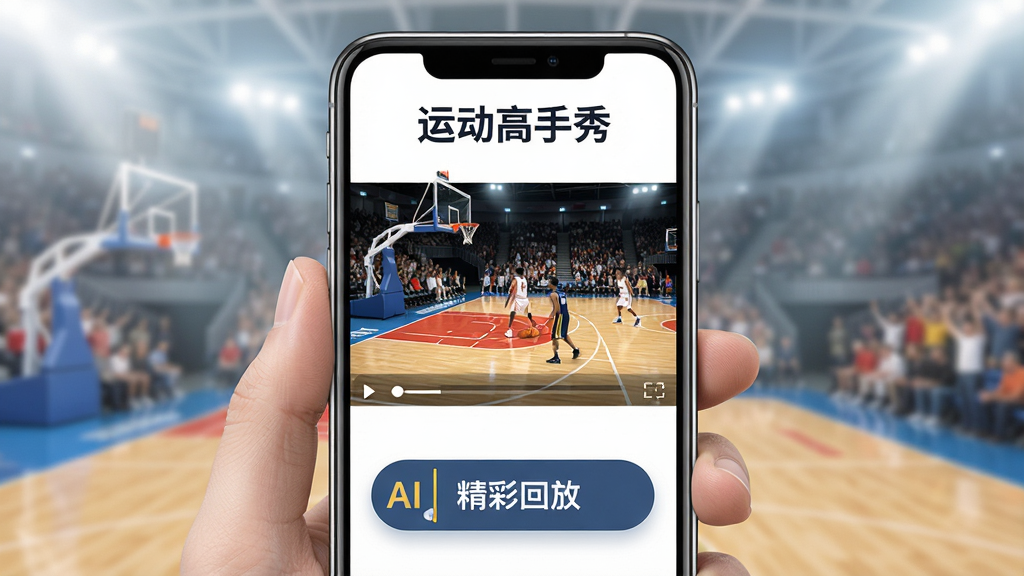 画面中央展示一款名为“运动高手秀”的智能手机应用界面,界面顶部有“运动高手秀”字样,屏幕内显示篮球比赛录像画面,带有AI自动剪辑的精彩回放按钮,背景是明亮的篮球场馆,整体布局简洁现代,风格写实,细节丰富,画质高清干净,无多余元素