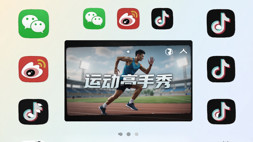 展示“运动高手秀”软件分享功能的界面,手机屏幕上有微信、微博、抖音等社交APP图标,中央是编辑好的运动集锦视频封面,带有“运动高手秀”水印,背景为浅色渐变,整体布局简洁,风格清新,细节丰富,画质高清干净