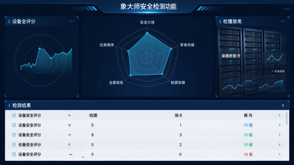 ���ʦ��ȫ��⹦�ܽ��棬���״�ͼ��ʽչʾ�豸��ȫ���֣��·��г����������б���������ɫ��Ϊ��ɫϵ���Ƽ���ǿ�����ݿ��ӻ�ֱ�ۣ������������ˣ����ʸɾ�