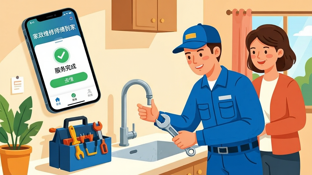 ����һ��չʾ����ά��ʦ������APPʹ�ó����Ĳ廭����������Ϊһ��ά��ʦ�������û���������ˮ��ͷ��ʦ��������ɫ���������ְֳ��֣��Ա߷��ù��߰����û�վ��һ������ؿ��š��������Ͻ��������ֻ����棬��ʾ������ά��ʦ�����ҡ��͡�������ɡ����������岼��Ϊ�����廭���ɫ����ܰ������ϸ�ڷḻ�����ʸɾ����޶���Ԫ�ء�