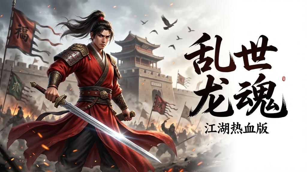 ���壺���������꣨������Ѫ�棩����Ϸ����ͼ��һλ���ź�ɫս�۵������ֳֳ��������������������Ĺ�ս����Ρ��ĳ�¥�����֣����;���ƫ���Ҳ����״�������ϷLogo���������ꡱ�ĸ����֣��·����ԡ�������Ѫ�桱С�֣��Ű棺����������鷨���壬�������࣬����ƽ�⣻���дʵ���磬ɫ��Ũ������Ӱ�Ա�ǿ�ң�ͻ����Ѫ�뽭����Ϣ��ϸ�ڣ���������ƮƮ�������к��⣬������ս��ͷ��񣬻�����������Ч�����ʣ�8K���壬ϸ�ڷḻ���ɾ��޶���Ԫ�ء�