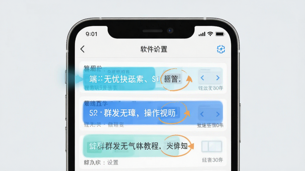 群发无忧操作教程示意图,展示手机端软件设置界面,步骤高亮显示,背景为浅灰色,画质干净,无多余元素