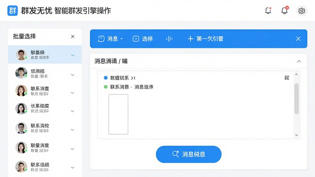 群发无忧智能群发引擎操作界面,展示批量选择联系人和消息编辑面板,界面简洁,按钮醒目,画质清晰,无多余元素