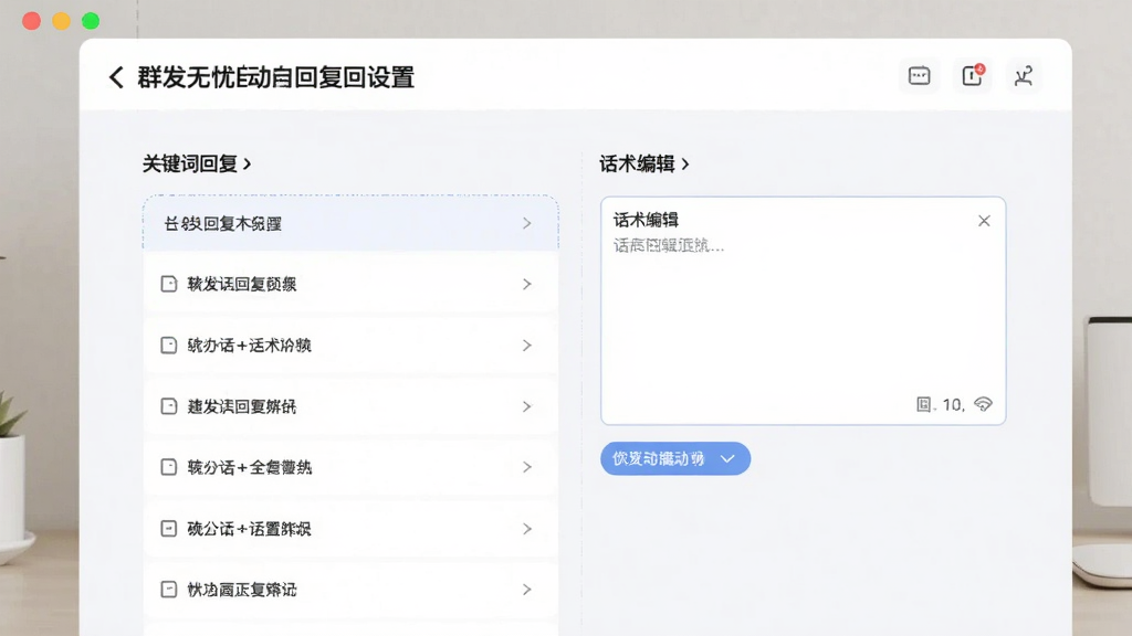 群发无忧自动回复设置页面,展示关键词回复列表和话术编辑框,界面清爽,逻辑清晰,画质柔和,无多余元素