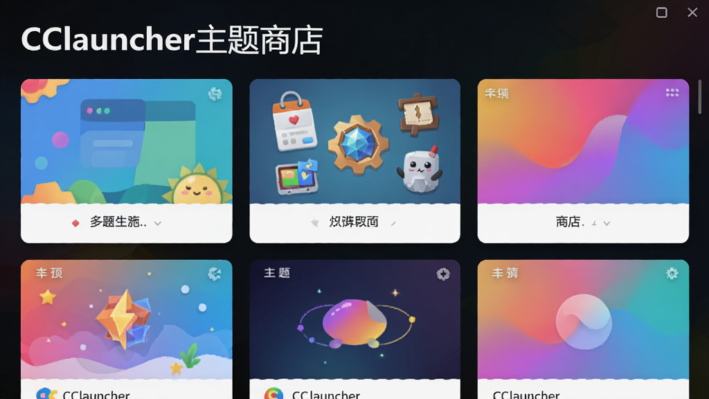 主体:CClauncher主题商店界面。布局:屏幕上展示多款风格各异的主题缩略图,包括扁平、拟物、渐变等风格。排版:界面采用卡片式布局,主题图标下方标注名称。风格:色彩鲜艳,具有视觉冲击力。细节:屏幕顶部有“CClauncher主题商店”字样,每个主题卡片都清晰展示其独特风格,画质细腻,干净无多余元素。