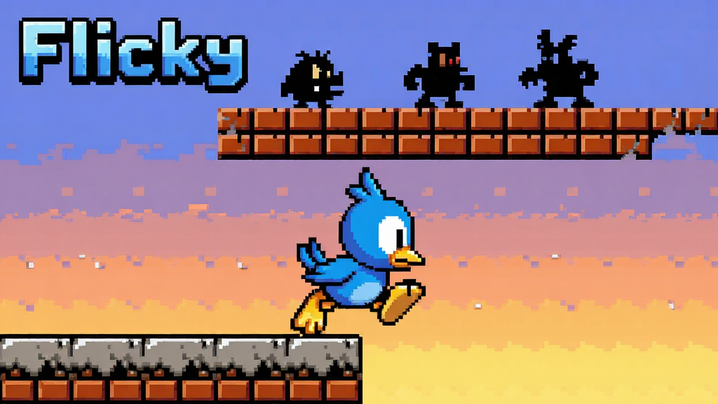 ���壺һֻ��ɫС���ɫ��Flicky��վ�ڸ������ط��ƽ̨��Ե������׼����Ծ����̬�����֣���������ƫ�·��ý�ɫ���Ϸ��ǲ�������ש��ƽ̨�뼸�����˼�Ӱ���Ű棺��Ϸ���⡰Flicky�������������������ڻ������Ͻǡ����16-bit�������ط磬ɫ����������������Ϊ����Ļƻ���ա�ϸ�ڣ���ɫ��ë����������ƽ̨��Ե��ĥ��ۼ����������������ʣ�����������Ⱦ���ɾ����޶���Ԫ�ء�