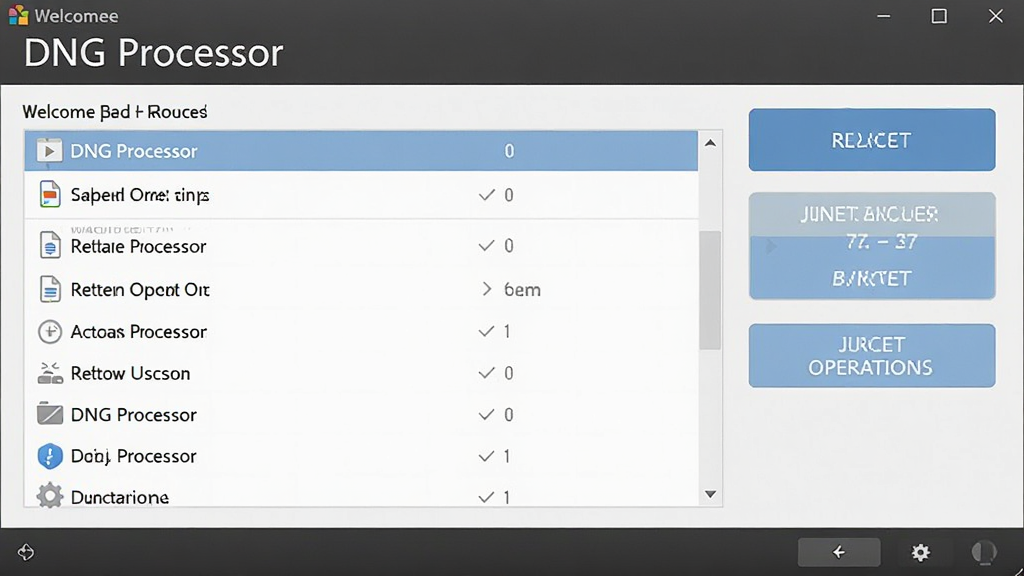 一张软件主界面截图,主体为“DNG Processor”的欢迎页面,显示最近打开的文件列表和快捷操作按钮。布局友好,排版美观,风格简洁,细节齐全,画质干净。
