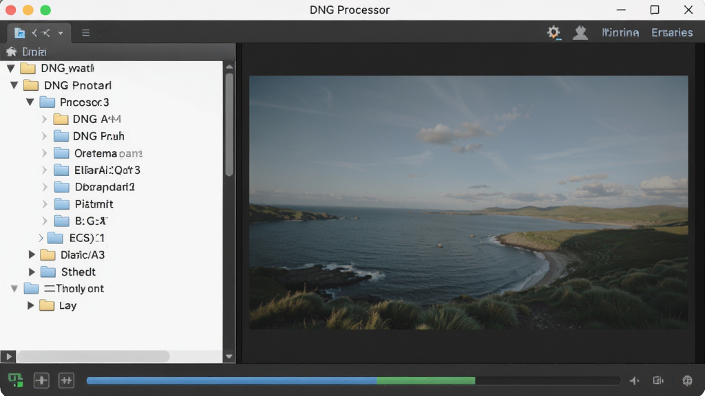 一张高清的软件界面截图,画面主体为“DNG Processor”主窗口,左侧是文件夹树状列表,右侧为图片预览区域,底部有进度条。整体布局简洁,采用深色主题,风格现代,细节清晰,画质干净,无多余元素。