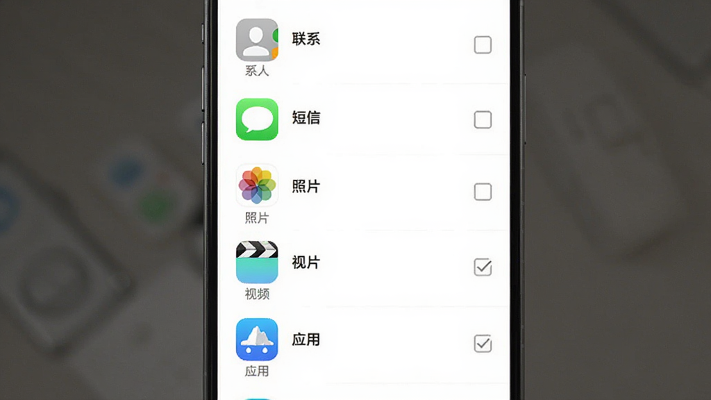 手机搬家换机互传软件功能列表界面预览,屏幕中显示联系人、短信、照片、视频、应用等图标列表,每个图标下方有勾选框,背景为白色简洁风格,排版整齐,画质干净,无多余元素