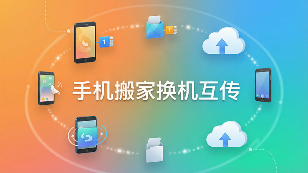 一张展示手机搬家换机互传软件主界面的高清预览图,界面简洁明亮,背景为渐变色,中央显示“手机搬家换机互传”字样,周围环绕手机、数据包、云朵等图标元素,整体风格现代科技感,画质干净,无多余元素