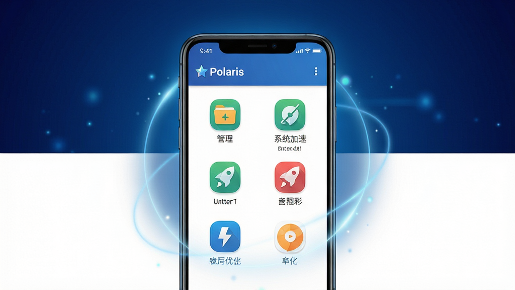 主体为一款名为“Polaris”的安卓应用界面展示图,画面中央是手机屏幕的正面特写,屏幕内清晰显示着Polaris的简洁主界面,包含几个整齐排列的功能图标,如文件管理、系统加速、电池优化等。手机周围环绕着淡淡的光晕效果,背景为深蓝色渐变,突出科技感与未来感。整体布局以手机为中心,四周留有适度留白,风格偏向现代扁平化设计,细节上强调图标的圆润与色彩饱和度,画质高清,干净无多余元素。
