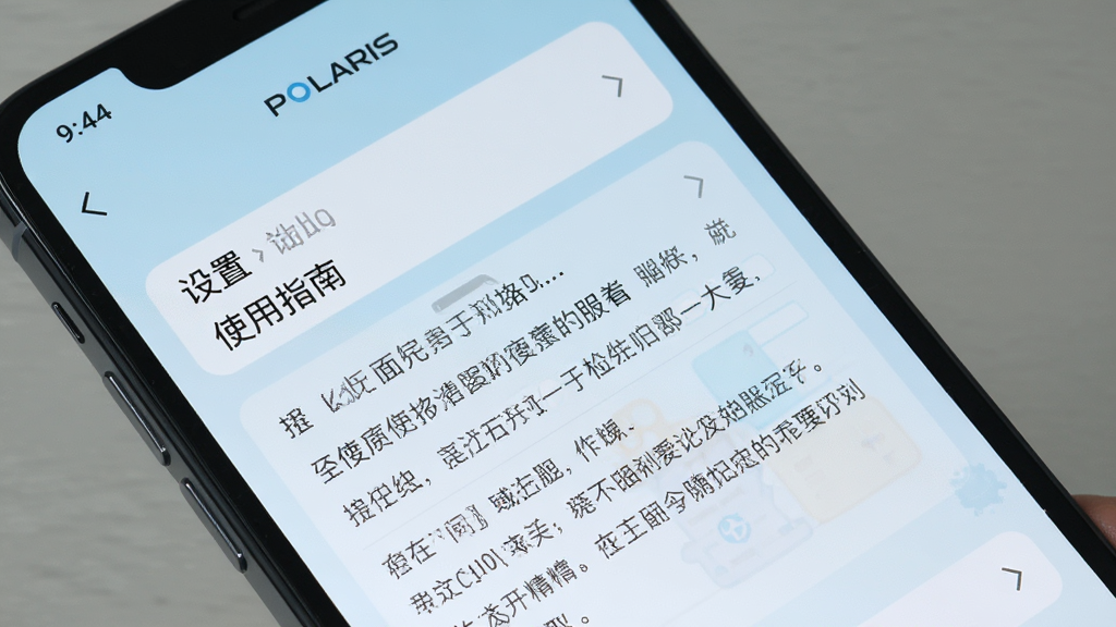 主体为Polaris应用在手机上的运行界面,画面展示设置菜单中的“使用指南”选项,下方有详细的文字说明。背景为淡蓝色渐变,布局以文字为主,风格清新简约,细节上突出字体清晰度与排版美观,画质干净,无多余元素。