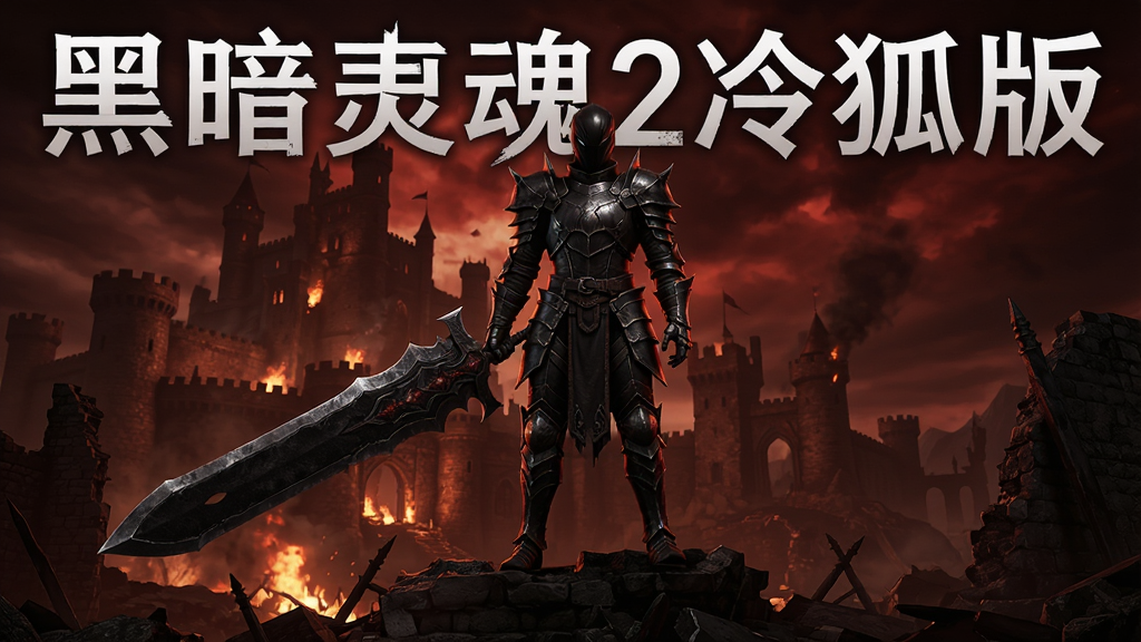 画面中央展示黑暗灵魂2冷狐版游戏主视觉图,一名身着黑色铠甲的角色手持巨剑站立在废墟之上,背景是燃烧的城堡与暗红色天空,整体氛围压抑而史诗,画面光影对比强烈,细节精致,采用写实风格,4K高清画质,干净无多余元素,突出游戏名称“黑暗灵魂2冷狐版”文字标识。