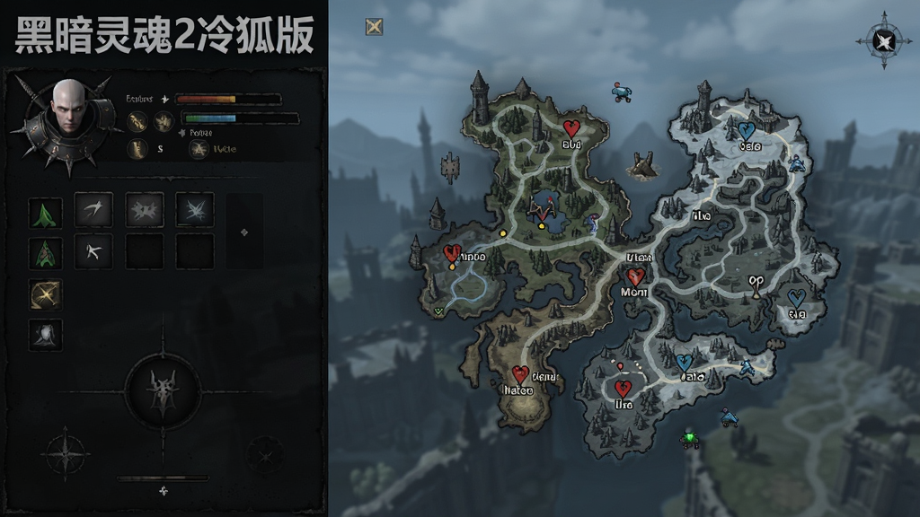 展示黑暗灵魂2冷狐版游戏地图界面,画面左侧为角色状态面板,右侧为广阔的开放世界地图,地图上标记有多个探索点,整体UI设计清晰,风格与游戏暗黑主题一致,文字标注“黑暗灵魂2冷狐版”,画面干净整洁,高清画质。