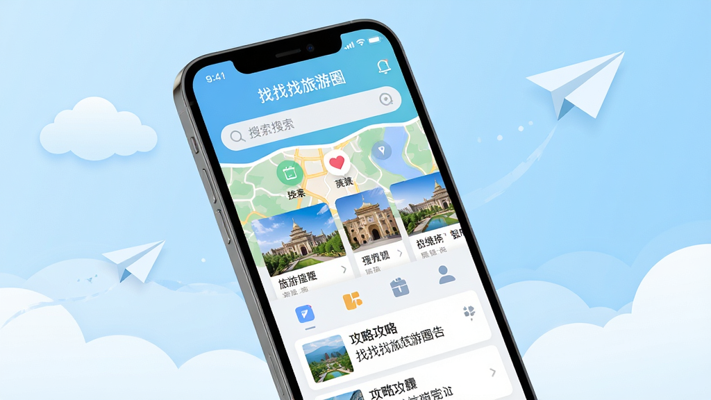 画面主体为一部智能手机屏幕,屏幕内展示“找找找旅游圈”APP主界面,界面上有地图、景点卡片和攻略列表。布局采用居中构图,手机微微倾斜,背景为淡蓝色渐变,搭配云朵和纸飞机元素。排版干净,界面UI为扁平化风格,色彩明亮清新。细节需清晰呈现APP名称“找找找旅游圈”、搜索栏、分类图标。画质高清,整体干净无多余元素,突出旅游规划与便捷感。
