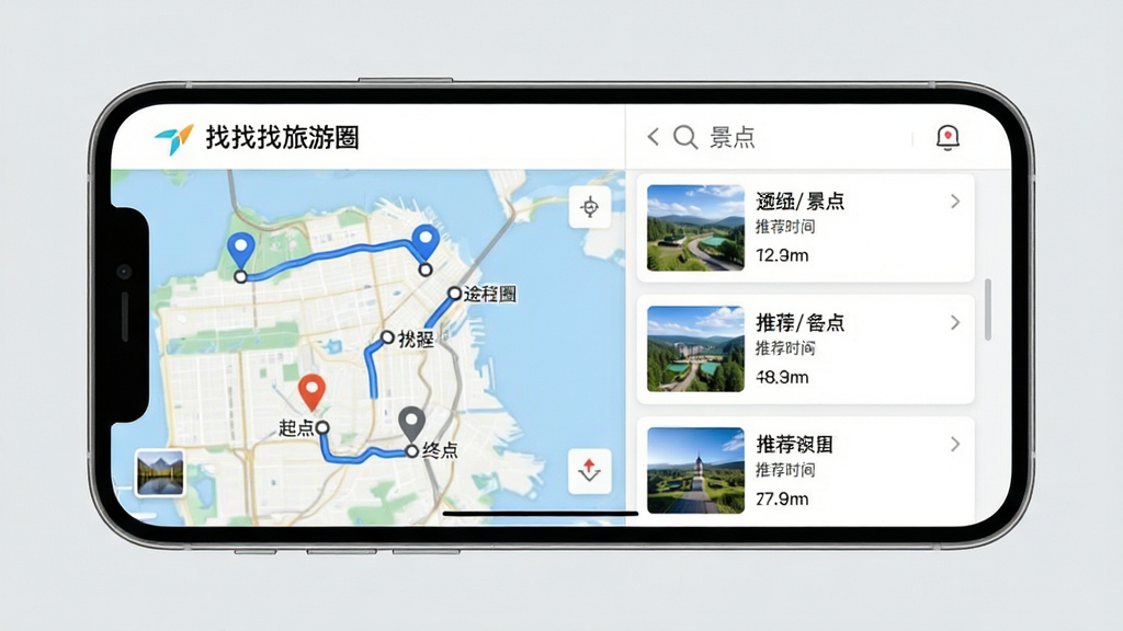 画面主体为手机横屏界面,显示“找找找旅游圈”的智能行程规划结果,左侧是地图路线,右侧是景点卡片列表。布局采用左右分栏,整体风格为简洁商务风,背景浅灰。细节需呈现路线上的起点、途经点、终点标记,以及卡片上的景点名称、推荐时长。画质干净清晰,无多余元素,强调逻辑性与实用性。