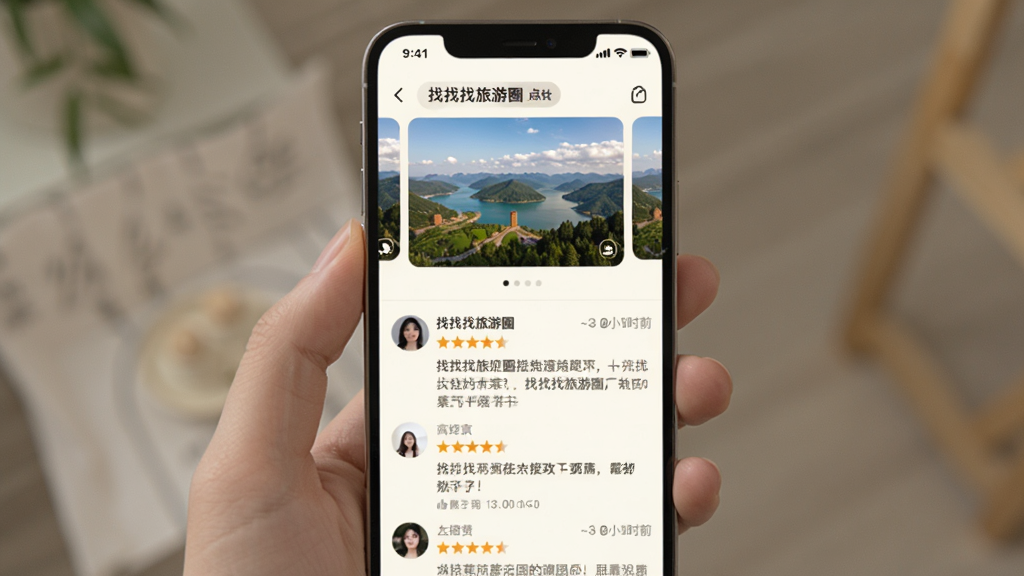 画面主体为手机竖屏截图,展示“找找找旅游圈”的景点评论区,顶部是景点照片轮播,下方是用户头像、星级评分和文字评价。布局为上下结构,风格柔和,背景为米白色。细节需包含“找找找旅游圈”字样、点赞图标、发布时间。画质细腻,突出真实用户互动氛围,整体干净无多余元素。