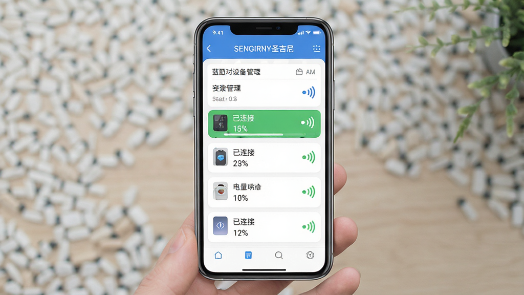一张功能示意图,主体为手机屏幕显示SENGIRNY圣吉尼APP的蓝牙连接管理界面,布局居中显示已配对设备列表与信号图标,排版清晰,风格扁平化UI设计,细节上突出“已连接”状态与电量百分比,画质细腻,干净无多余元素