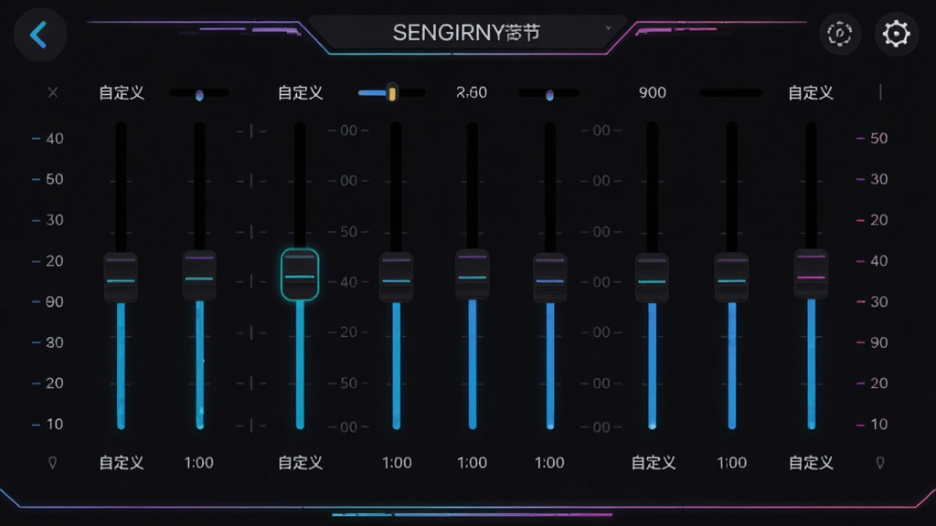 一张界面截图,主体为SENGIRNY圣吉尼APP的EQ均衡器调节面板,布局为多频段滑块垂直排列,排版规整,风格深色背景搭配霓虹色线条,细节上显示“自定义”模式与各频段数值,画质清晰,干净无多余元素