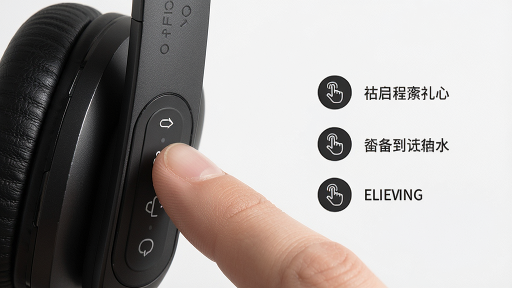 一张操作演示图,主体为手指轻触耳机触控区域的局部特写,布局为左侧耳机、右侧功能说明文字,排版简洁,风格写实摄影,细节上突出触控手势与对应功能图标,画质高清,干净无多余元素