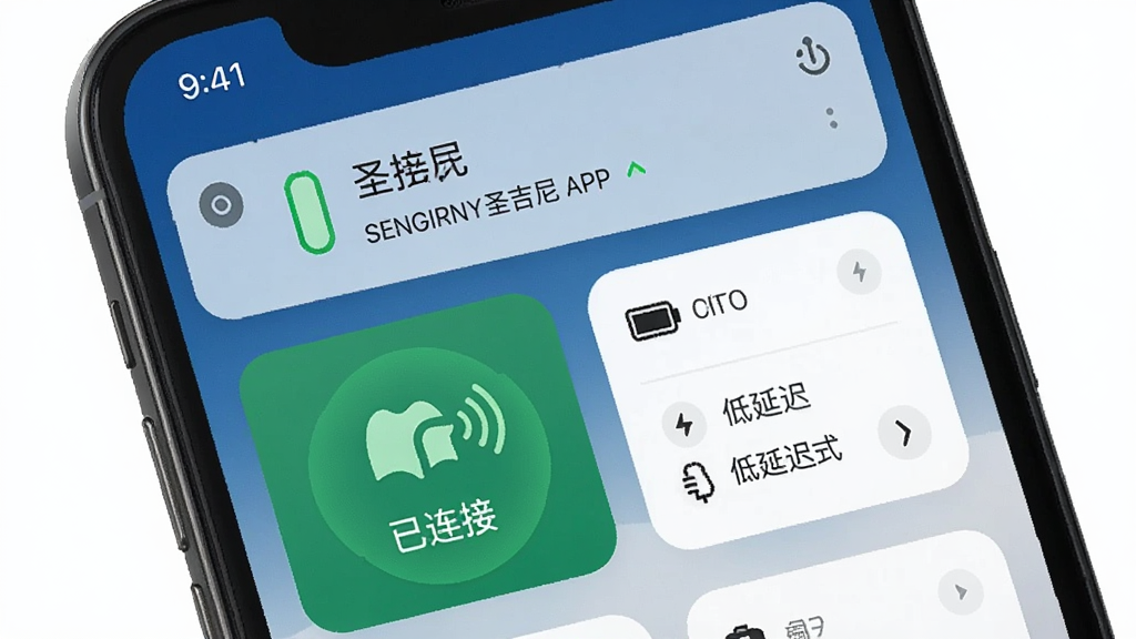 一张使用场景图,主体为SENGIRNY圣吉尼APP在手机后台运行的界面截图,布局为通知栏显示连接状态与电量卡片,排版简洁,风格系统UI风格,细节上突出“已连接”与“低延迟”模式图标,画质清晰,干净无多余元素