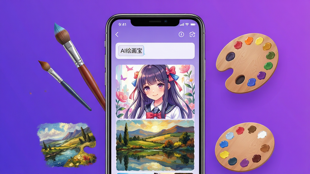 一幅展示AI绘画宝软件核心功能的预览图,画面中央是一部智能手机,屏幕上显示着AI绘画宝的界面,界面中有输入提示词的区域和生成的精美画作示例,画作风格为二次元少女和风景油画,手机周围有漂浮的画笔和调色板元素,背景为渐变紫色,整体布局简洁,风格现代,细节丰富,画质高清,干净无多余元素