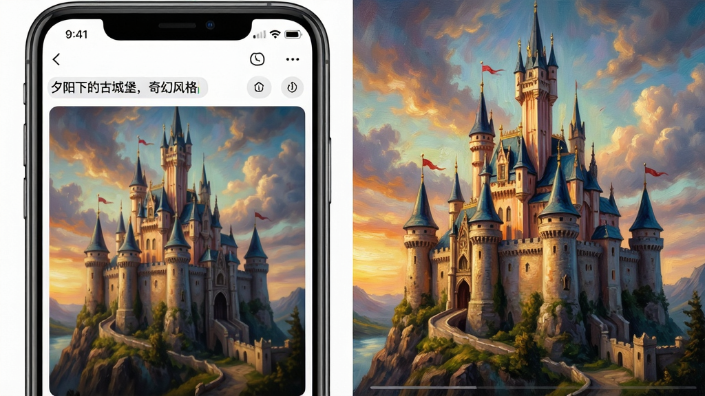 一张展示AI绘画宝文字生成画作功能的截图,画面左侧是手机界面,显示输入的文字提示词“夕阳下的古城堡,奇幻风格”,右侧生成了一幅精美的城堡油画,色彩绚丽,光影效果真实,整体布局左右对比,风格奇幻,细节丰富,画质高清,干净无多余元素