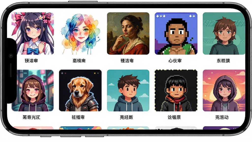 一张展示AI绘画宝风格模型库的界面截图,手机屏幕上显示网格状排列的多种风格缩略图,包括二次元、水彩、油画、像素风等,每个缩略图下方有风格名称标签,界面整洁,色彩丰富,布局清晰,风格现代,细节丰富,画质高清,干净无多余元素