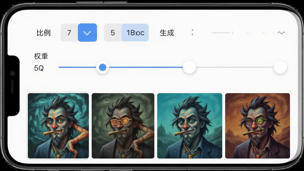 一张展示AI绘画宝参数调整界面的截图,手机界面显示有比例选择、生成数量、权重滑动条等选项,下方有生成的画作对比图,界面设计简洁,功能区域划分明确,风格现代,细节丰富,画质高清,干净无多余元素