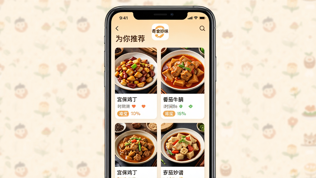���壺��ʳ��ζAPP�������Ƽ�ҳ�棬չʾ���Ի������б������֣��ֻ���Ļռ�����ģ��Ϸ��С�Ϊ���Ƽ������⣬�·��ǲ��׿�Ƭ�����Ű棺��Ƭʽ���֣�ÿ����Ƭ���в�Ʒ��Ƭ�����ơ�ʱ����Ѷȱ�ǩ��������¼�࣬ůɫ����ʳƷ��Ӱ���ϸ�ڣ���Ļ����ʾ����ʳ��ζ��Ʒ�Ʊ�ʶ���Ƽ���Ʒ������������������������ţ��ȡ����ʣ����壬�ɾ����޶���Ԫ�ء�