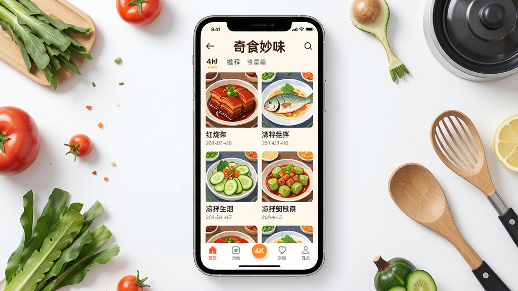 ���壺��ʳ��ζAPP����չʾ���ֻ���Ļ���о����Ĳ�ƷͼƬ���Ƽ��б������֣��ֻ����У���Ļ���������ɼ�����Χ������ʳ�ĺͳ������ߵ�׺���Ű棺���沼�ֺ�����ɫ�����ޣ����ֱ�ǩ��ʾ����ʳ��ζ������������ִ���ƽ����ƣ�����ͨ͸��дʵ��廭��ϡ�ϸ�ڣ���Ļ��չʾ�����⡢�����㡢����ƹϵȲ�Ʒ����ͼ���ײ��е����������ʣ�4K���壬�ɾ����޶���Ԫ�ء�
