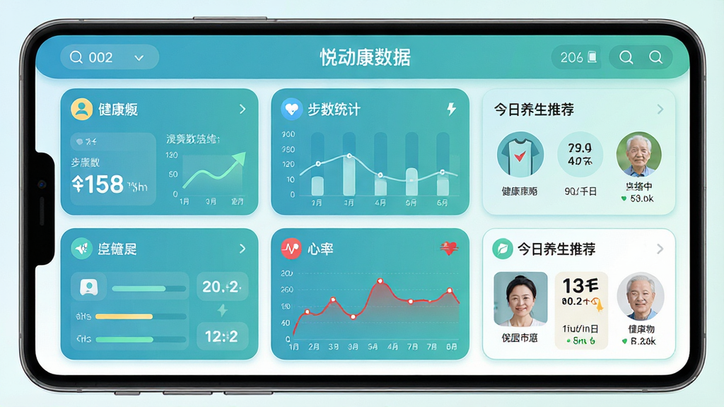 一张展示悦动康养应用主界面的高清截图,界面包含健康数据仪表盘、步数统计、心率曲线和今日养生推荐卡片,整体采用清新的蓝绿色调,扁平化设计风格,图标圆润,布局整齐,画质清晰,干净无多余元素。