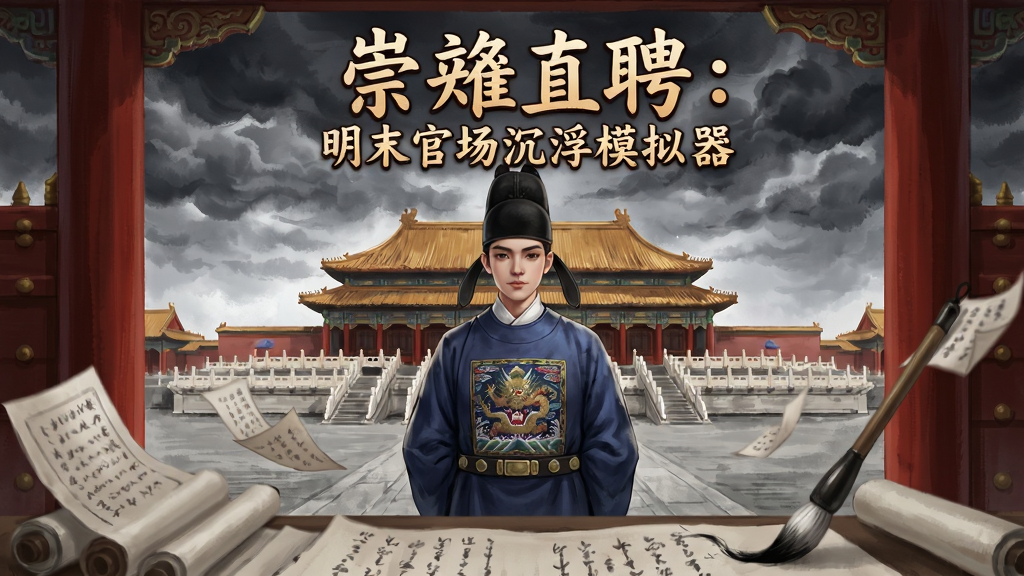 画面中央是古风游戏《崇祯直聘:明末官场沉浮模拟器》的主视觉图,一位身着明朝官服的年轻文官站在朱红宫门前,背景是金銮殿与乌云密布的紫禁城,前景有飘落的奏折与毛笔。整体构图大气,细腻的国风水墨风格,色彩厚重,细节丰富,画质高清,干净无多余元素。