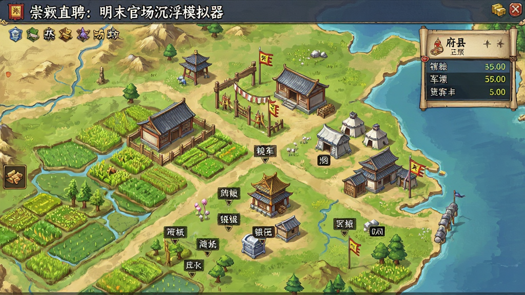 《崇祯直聘:明末官场沉浮模拟器》资源经营界面预览,画面展示一个府县地图,上面分布着农田、粮仓、银库、军营等建筑,点击可查看数据。布局为俯视角,风格细腻,色彩明亮,细节丰富,画质清晰,无多余元素。