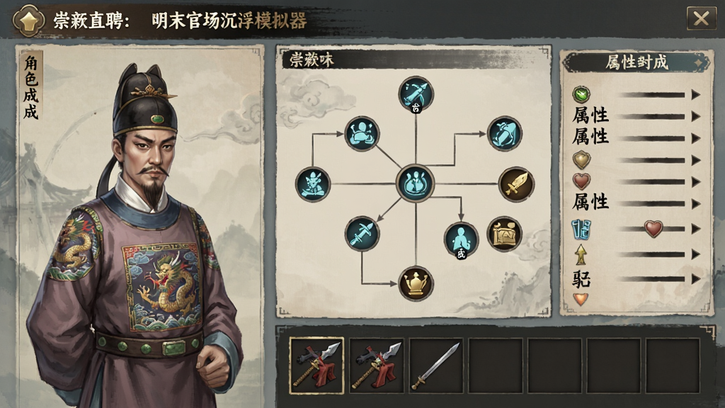 《崇祯直聘:明末官场沉浮模拟器》角色养成界面预览,画面左侧是角色立绘,右侧是技能树与属性面板,下方是装备栏。整体UI设计古风,布局清晰,色彩淡雅,细节丰富,画质高清,无多余元素。