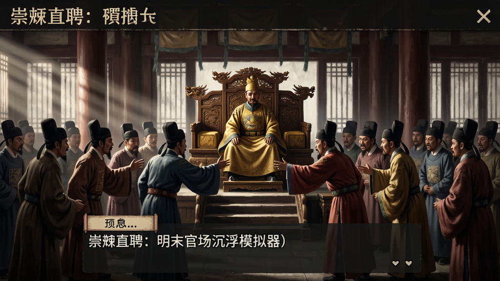 游戏《崇祯直聘:明末官场沉浮模拟器》的剧情场景预览图,画面展示朝堂之上,皇帝高坐龙椅,下方官员争执,光影交错凸显紧张氛围。主体是古风人物群像,布局采用对称构图,排版有字幕对话栏,风格写实,细节精致,画质清晰,无多余元素。