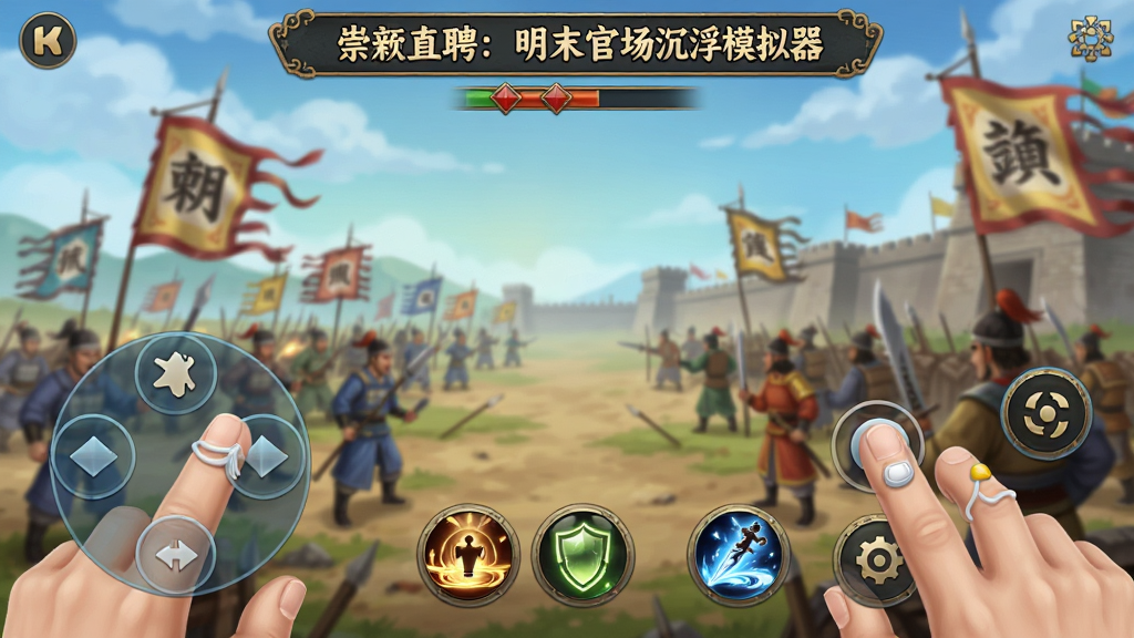 《崇祯直聘:明末官场沉浮模拟器》手机操作界面预览,画面展示多指触控的虚拟按键,下方有技能释放按钮,背景是战场。主体是UI布局,风格简洁,色彩明亮,细节清晰,画质干净,无多余元素。