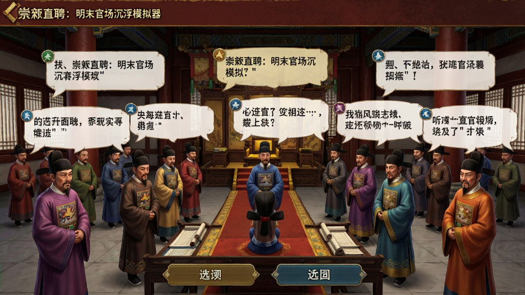 《崇祯直聘:明末官场沉浮模拟器》廷议玩法截图,画面是朝堂全景,多名官员头顶对话气泡显示观点,下方有选项按钮。布局采用群像特写,风格古风,色彩鲜明,细节丰富,画质干净,无多余元素。