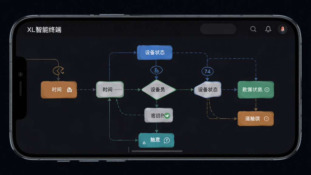 չʾ��XL�����նˡ��Զ��������༭���棬����Ϊ�ֻ���Ļ�ϵ������붯������ͼ������ʱ�䡢�豸״̬�ȴ�������������Ϊ����ͼʽ���ڵ��ò�ͬ��ɫ���֡����Ϊ�Ƽ���UI��ƣ�����Ϊ��ɫ��ϸ�ڰ��������ߺ��߼��ж�ͼ�ꡣ�����������ɾ��޶���Ԫ�ء�