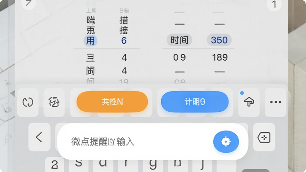 微点提醒快速添加提醒的交互界面,底部弹出输入框,键盘上方有日期滚轮和时间滚轮,界面简洁,按钮圆润,色彩明快,画质干净,无多余元素