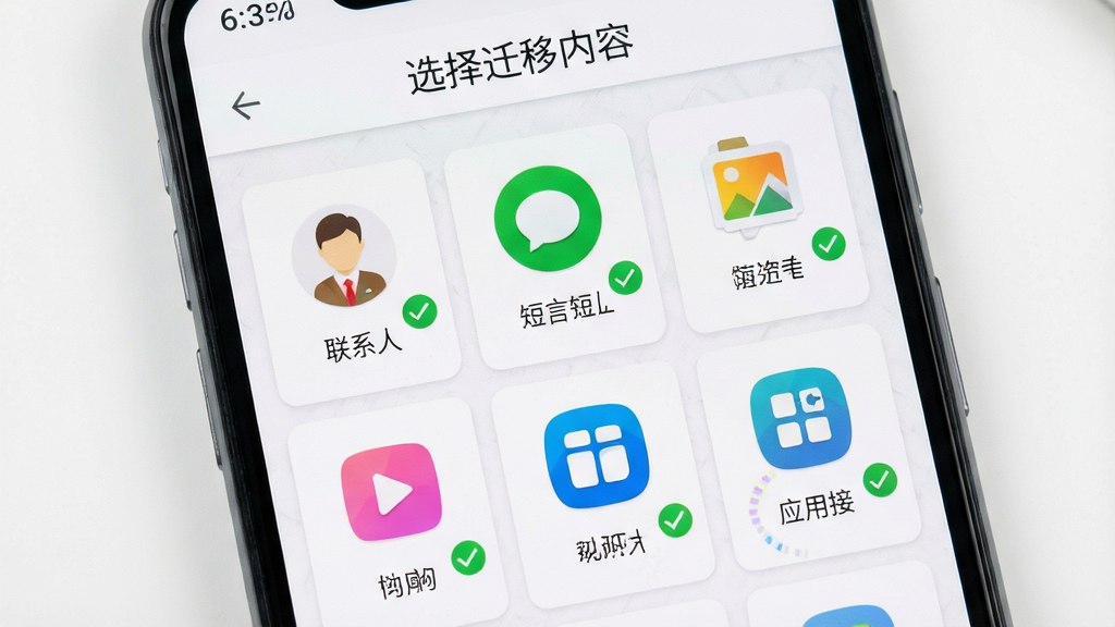 画面主体为安卓手机一键同步换机APP运行界面,中央显示多个分类图标包括联系人、短信、照片、视频、应用等,每个图标旁有绿色勾选标记。布局采用网格排列,顶部有
