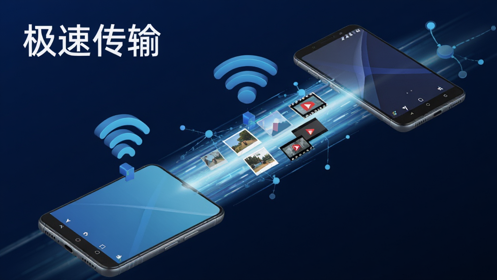 画面主体为两部安卓手机通过Wi-Fi信号图标相连,中间有高速流动的光束代表数据传输,背景为深蓝色科技感渐变。布局采用对角线构图,左上角有