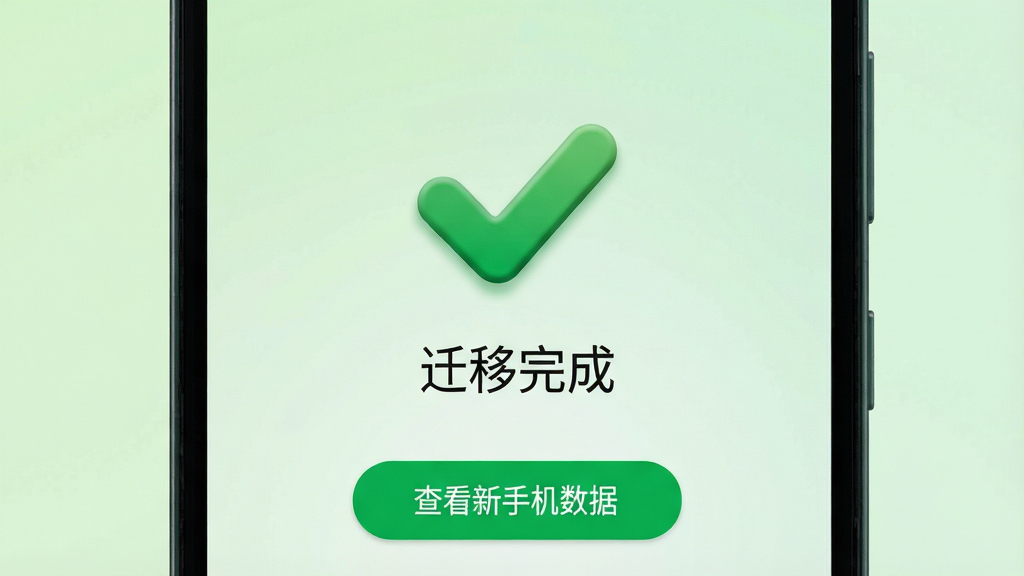 画面主体为一部安卓手机屏幕显示安卓手机一键同步换机APP的迁移完成界面,屏幕中央有绿色对勾和