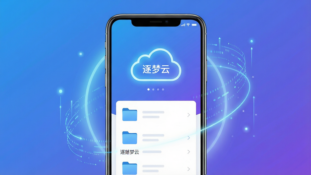 主体:现代智能手机屏幕展示逐梦云APP主界面,界面中显示云朵图标和文件列表;布局:手机居中,屏幕内容清晰可见,周围有简洁的光效和数据流线条装饰;排版:手机屏幕内界面元素规整,图标与文字错落有致;风格:科技感、清新蓝色调、扁平化设计;细节:云朵图标带有发光边缘,界面显示“逐梦云”字样和几个文件夹图标,背景为渐变蓝紫色;画质:高清渲染,干净无多余元素