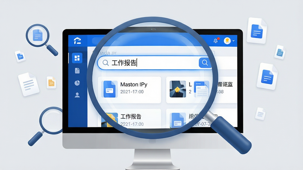 主体:电脑显示器屏幕放大展示逐梦云APP的文件搜索界面,搜索框中输入“工作报告”,下方显示多个匹配文件卡片;布局:显示器为主视觉,周围有放大镜图标和浮动的小文件图标;排版:界面列表清晰,文件名和日期可见;风格:现代商务感,蓝白配色;细节:搜索框有高亮边框,文件卡片带有缩略图,背景为浅灰色;画质:清晰锐利,干净无多余元素