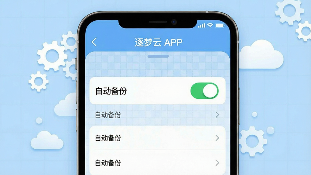 主体:一部智能手机屏幕显示逐梦云APP的设置界面,其中“自动备份”开关处于开启状态,背景为浅蓝色;布局:手机居中,屏幕内容清晰,周围有齿轮图标和云朵装饰;排版:设置列表条理分明,开关明显;风格:简洁实用风;细节:屏幕中显示“自动备份”选项,开关为绿色,背景有淡淡的网格纹理;画质:高清,干净无多余元素