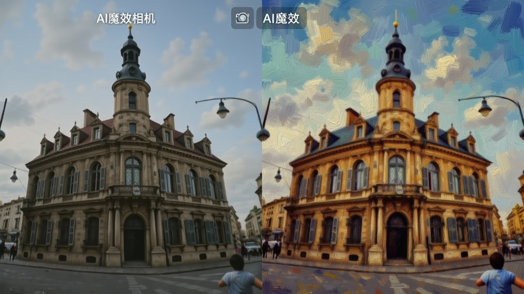 һ��չʾAIħЧ��������˾�Ч���ĶԱ�ͼ�����Ϊԭʼ��Ƭ���Ҳ�ΪӦ�����ͻ��˾����Ч��������Ϊͬһ��ŷ�޽���������Ϊ���ҶԱ���ʽ�����Ϊ������ǿ�ң�ϸ�ڷḻ��ɫ��Ũ�������ʸ��壬�ɾ��޶���Ԫ�أ����ֱ�ע��AIħЧ�����