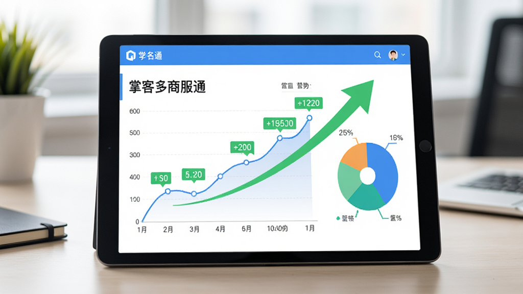 主体为平板电脑展示“掌客多商服通”的营收趋势折线图与饼状图,背景为办公桌面,布局清爽,风格扁平化,细节有绿色上升箭头和具体数字标注,画质清晰,无多余元素
