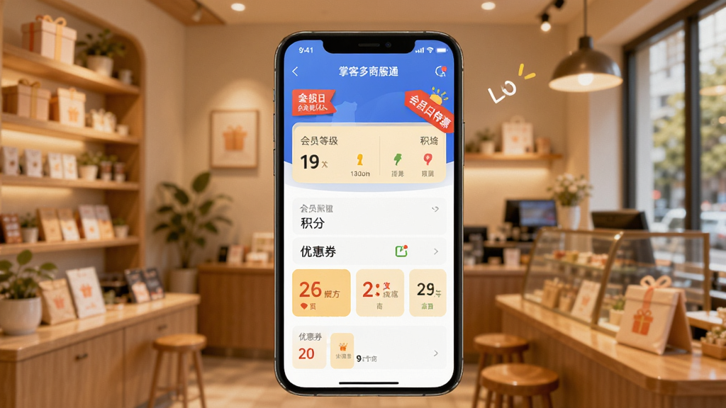 主体为手机界面展示“掌客多商服通”会员详情页,包含会员等级、积分、优惠券列表,背景为温馨的店铺内景,布局居中,风格活泼,细节有“会员日特惠”红色标签,画质柔和干净
