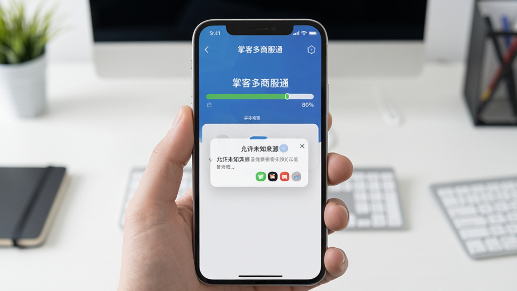 主体为一部手机正在安装“掌客多商服通”应用的界面,进度条显示80%,背景是简约桌面,布局居中,风格写实,细节有“允许未知来源”的弹出窗口,画质清晰干净